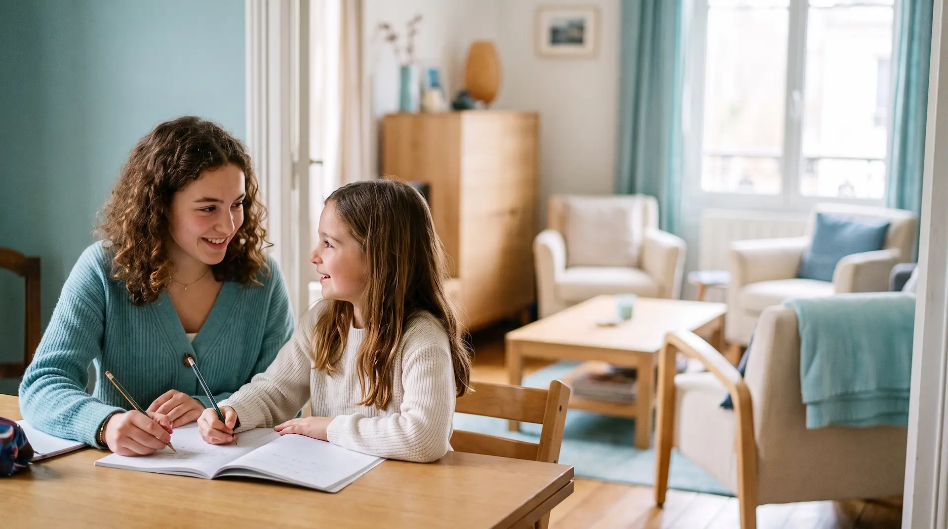 Soutien scolaire à domicile : une intervenante et un enfant travaillent ensemble